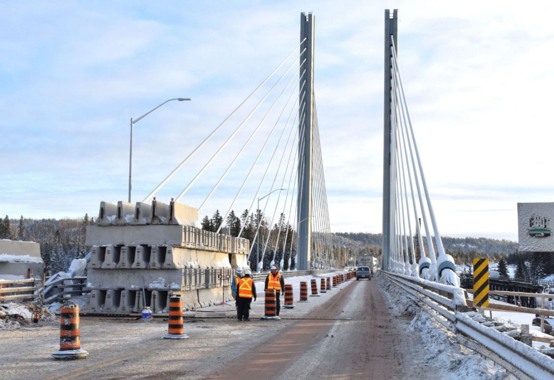 Here's the bridge deck after being weighed down by hundreds of concrete barriers.