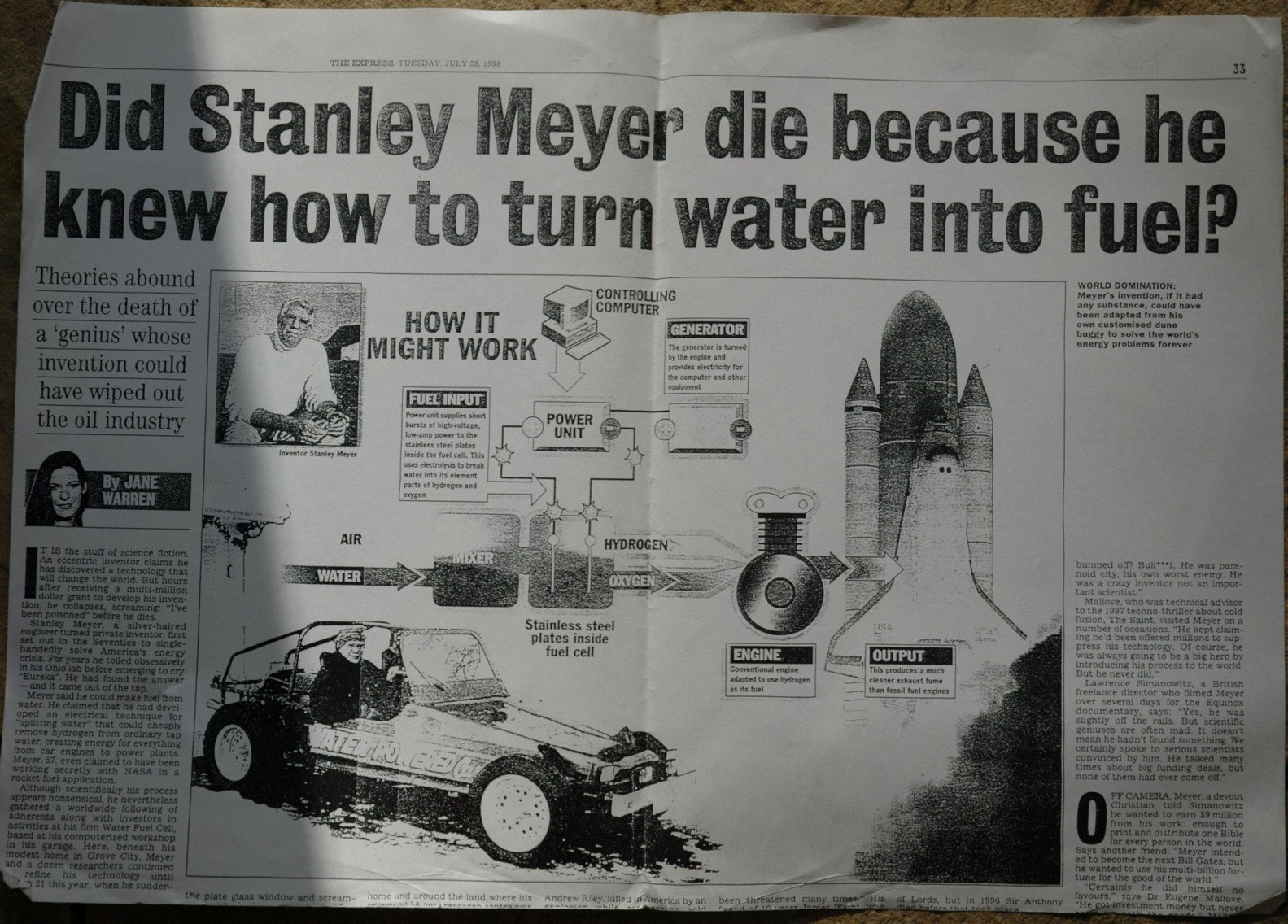 A newspaper article describing Stanley Meyer's murder.