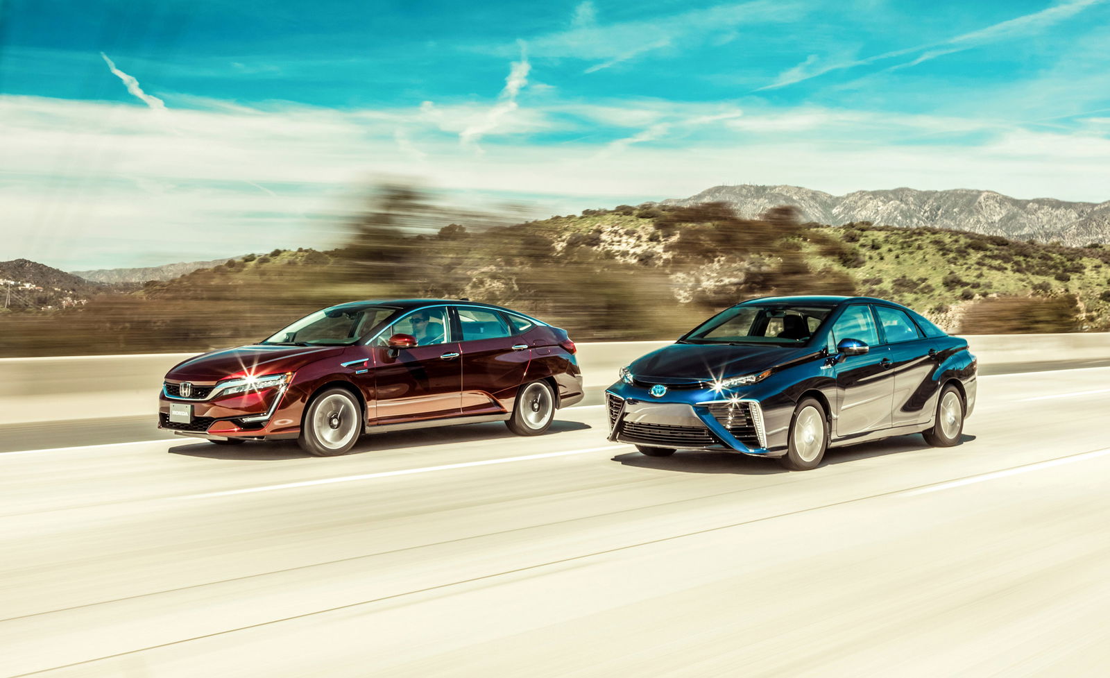 The Honda Clarity and the Toyota Mirai, fuel cell cars on sale today.