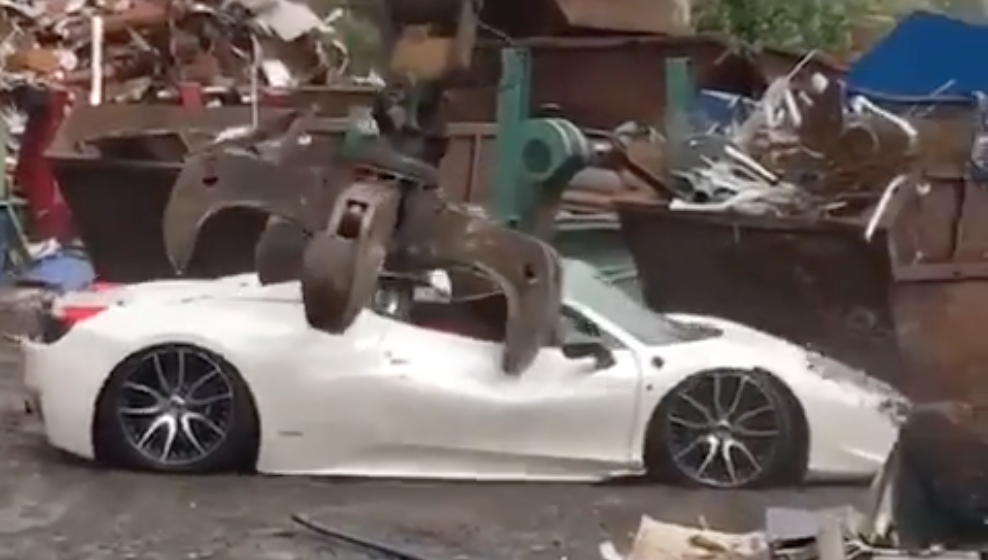 Try Not To Cry As A Confiscated Ferrari 458 Is Crushed