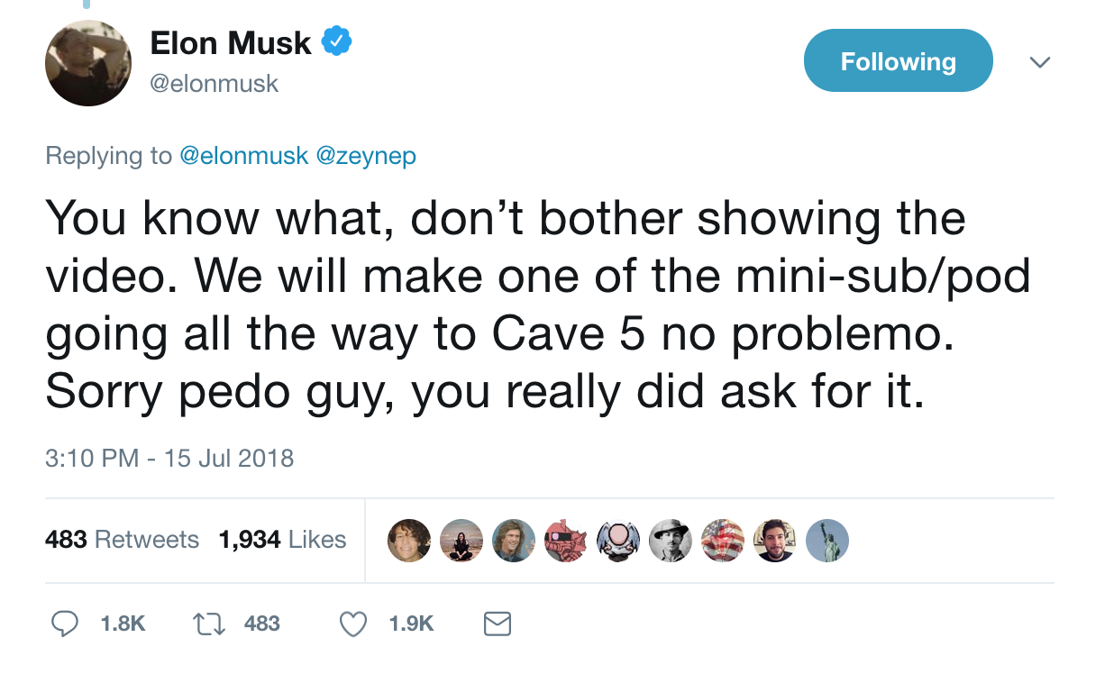 Elon Musk Calls Thai Cave Rescue Diver A 'Pedo' In Bizarre Outburst, Then Deletes Tweets