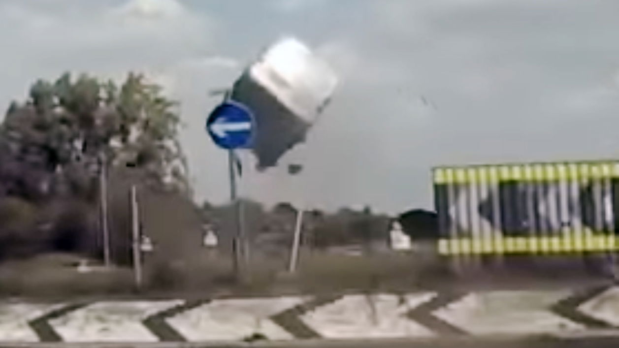 Van Launches 10ft Skywards After Hitting A Roundabout At Speed