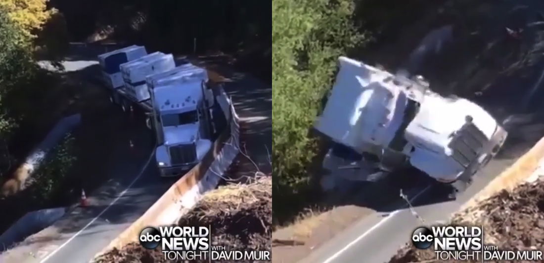 Trucker Ignores Safety Signs, Crashes Down Mountainside