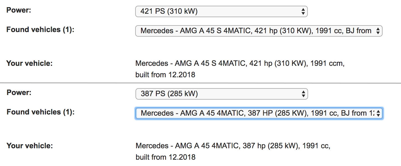 Both the new Mercedes-AMG A45 and A45 S appear in drop-down menus on Huck24's website