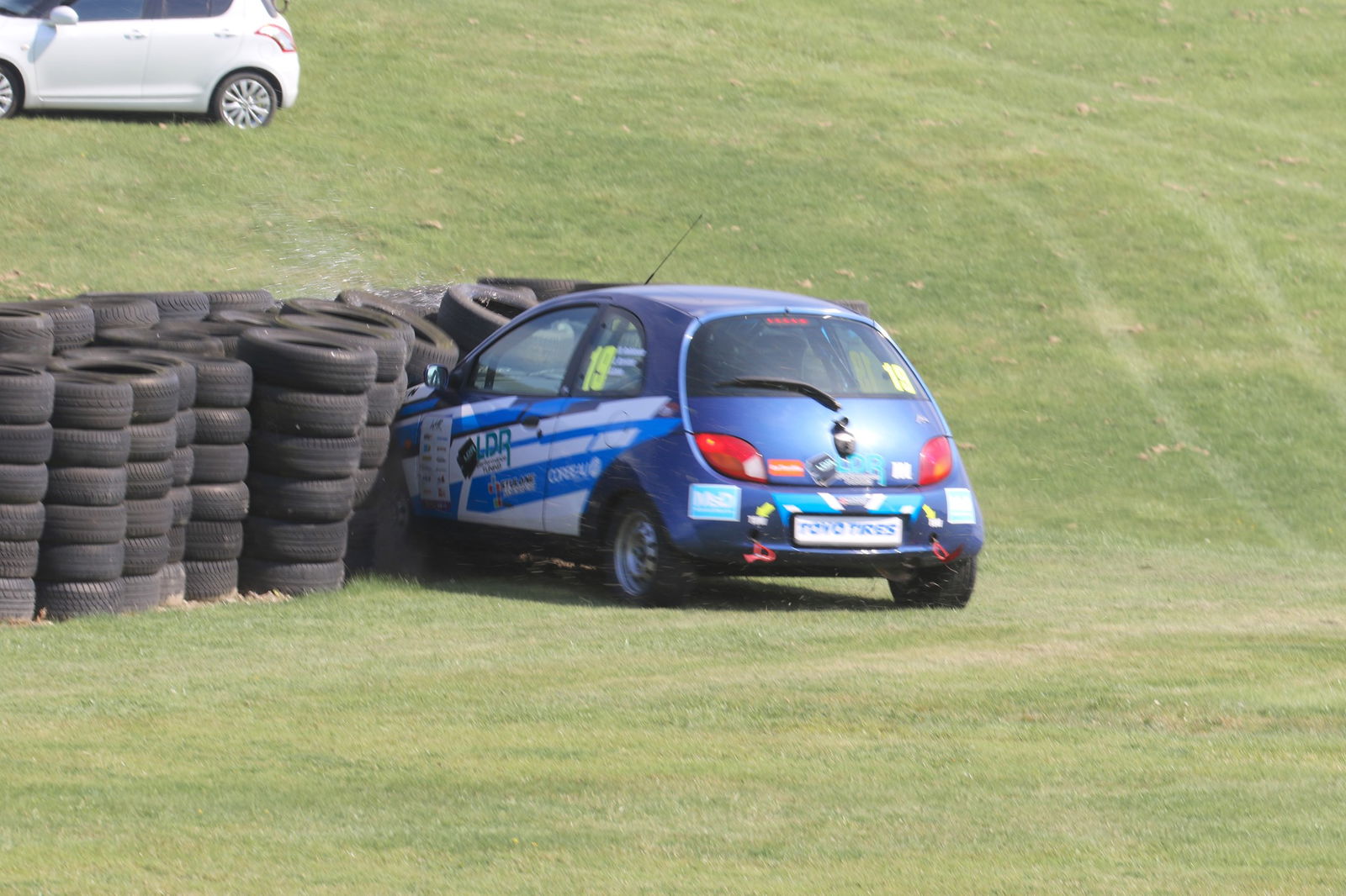 After a spin on the exit of Charlies, our Ka ate a tyre barrier (Image via Scott Grear-Hardy)