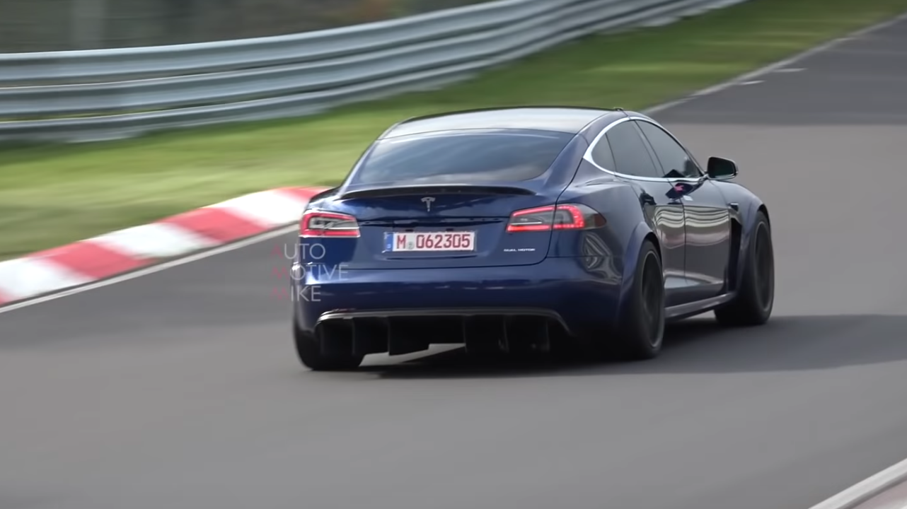 Tesla has returned to the Nurburgring, with one of its mules now sporting a massive rear diffuser