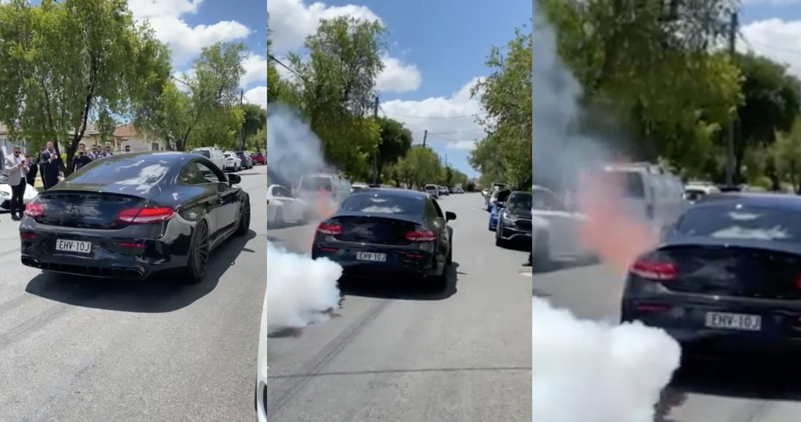 Badly kerbed aftermarket wheels give a clue to how well this C63 was treated prior to the burnout attempt...