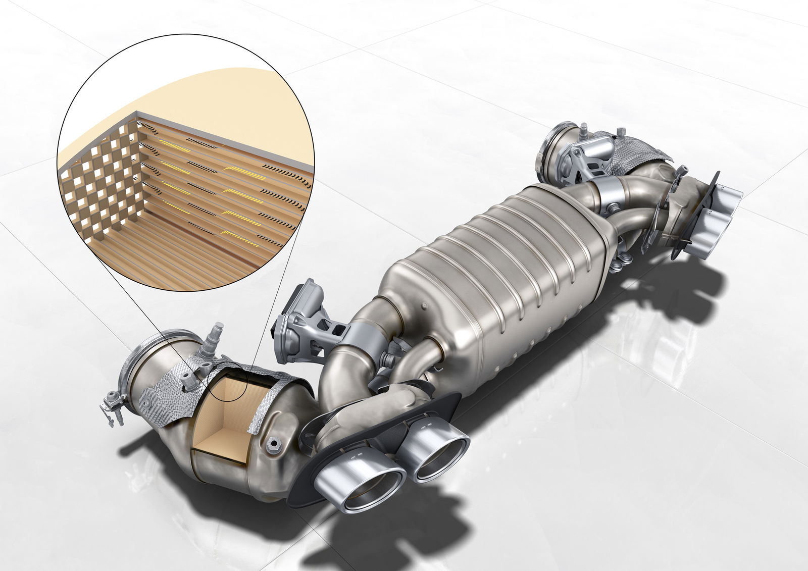 The particulate filters in a 992 Porsche 911 Carrera's exhaust system