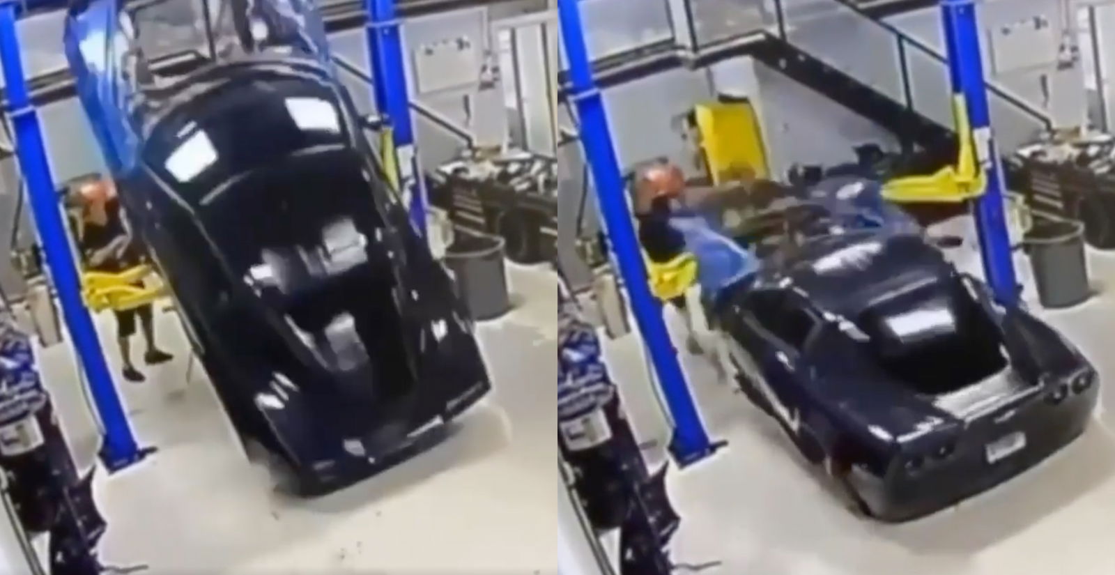 Witness The Horror As This Corvette Topples Off A Workshop Lift