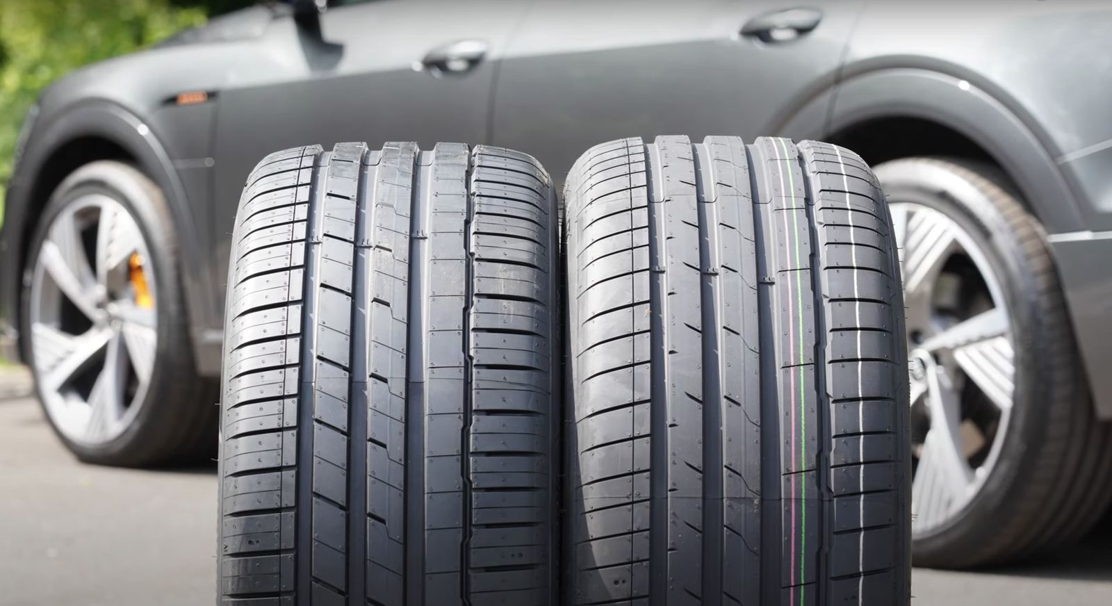 An off-the-shelf Hankook Ventus S1 Evo 3 tyres (left) compared to the specific EV version