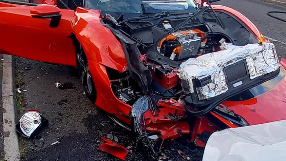 Watch $500k Ferrari SF90 Plough Into 5 Parked Cars Near Birmingham