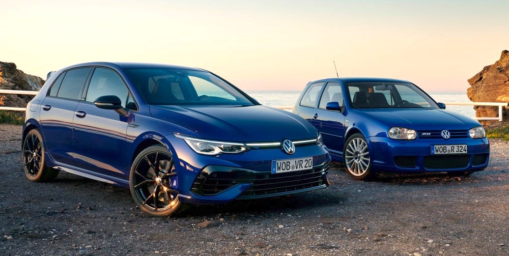 The new Golf R 20 Years alongside the original R32